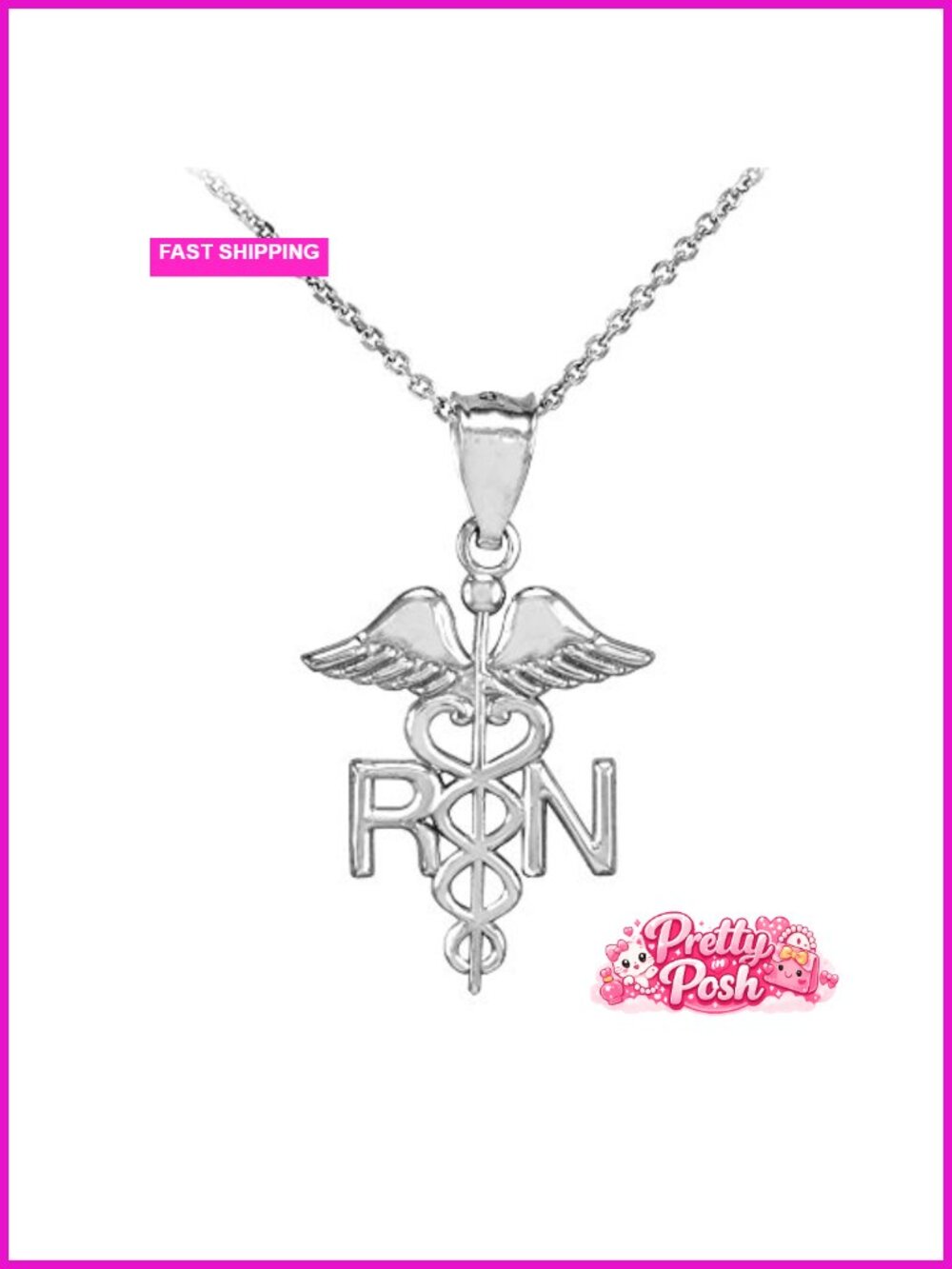 925 Sterling Silver Caduceus RN Charm Pendant Necklace 20"
